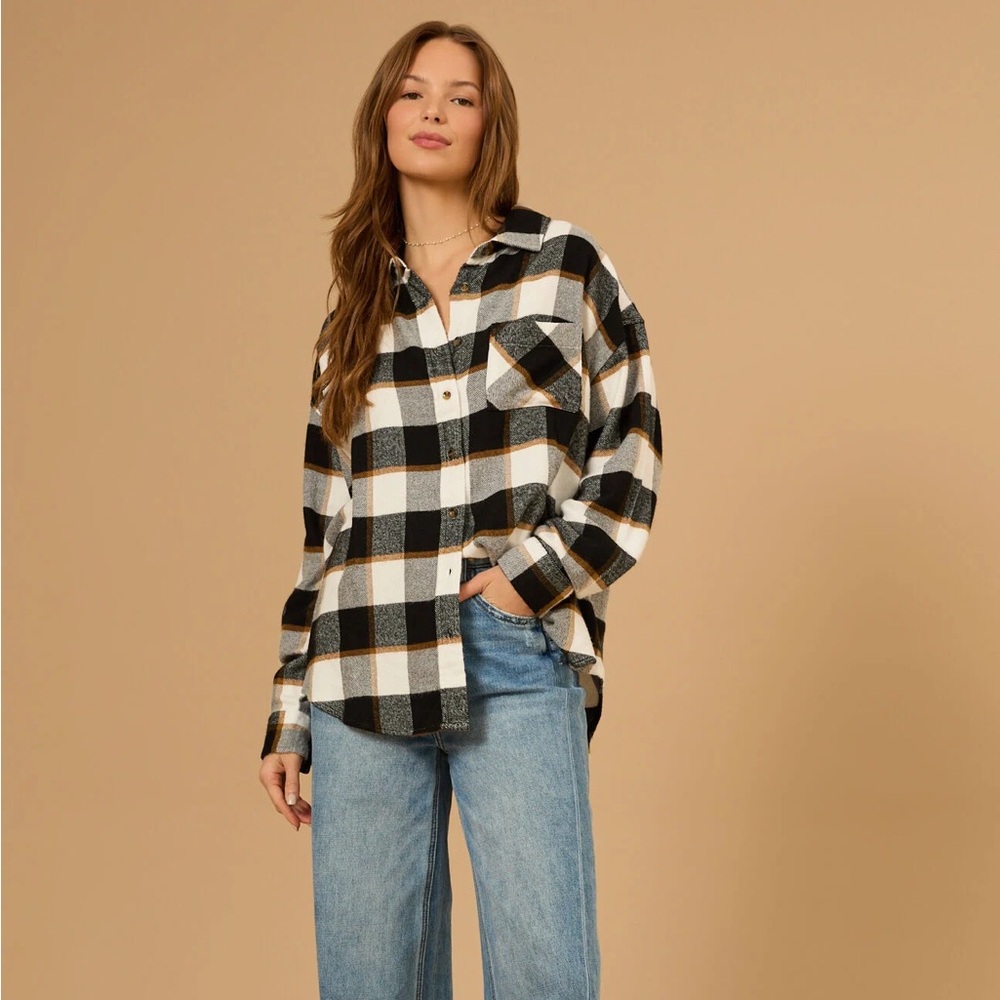 Altar’d State Black, Brown and White Plaid Flannel Shirt